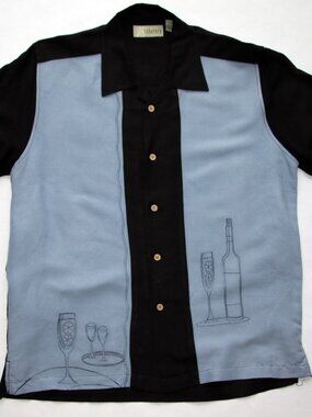 CUBAVERA Cocktail Embroidered Linen Rayon Postman Blue & Black SS Cabana Shirt